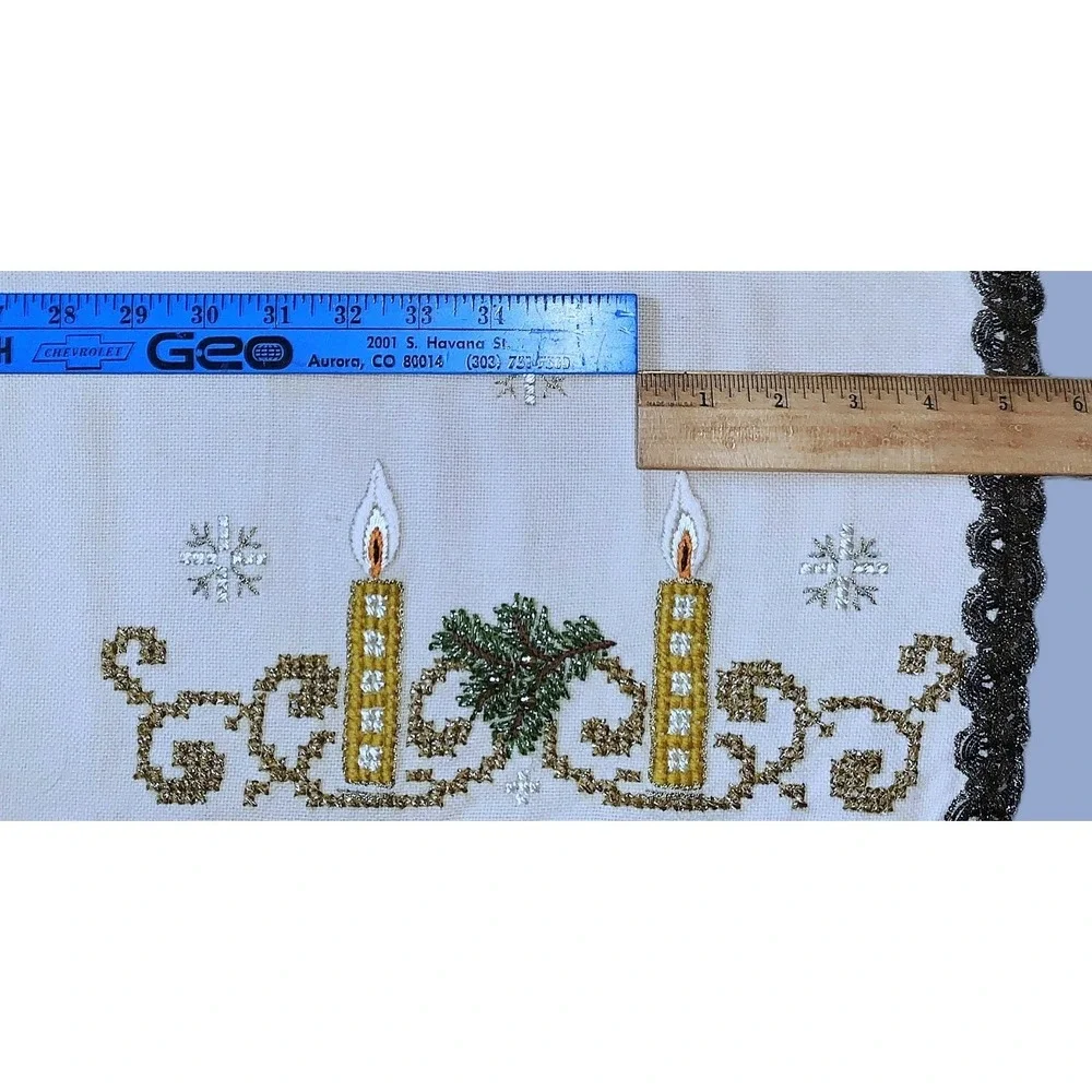 Holiday Xmas Candles Snowflakes Needlework Wool Runner Vtg / Antique 18x42